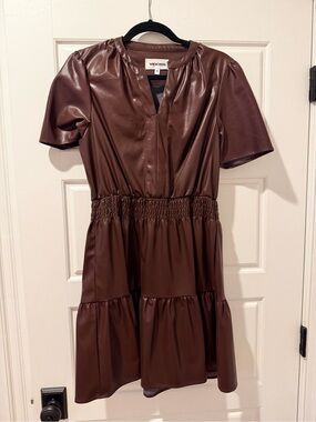 Vigoss Faux Leather Chocolate Brown Short Sleeve Tiered Dress